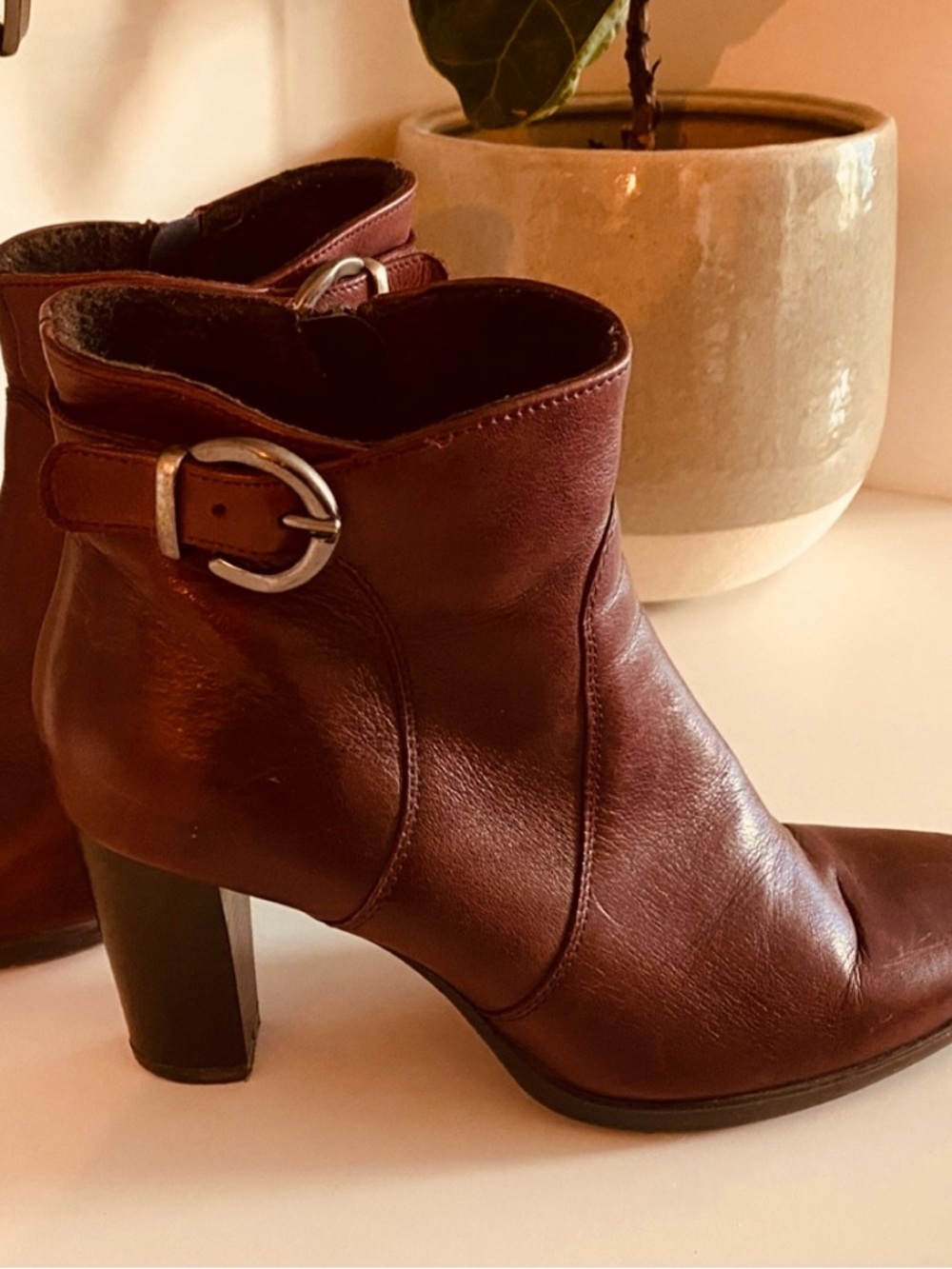 Women's Brown Burgundy Leather Ankle Boots with Buckle Accent